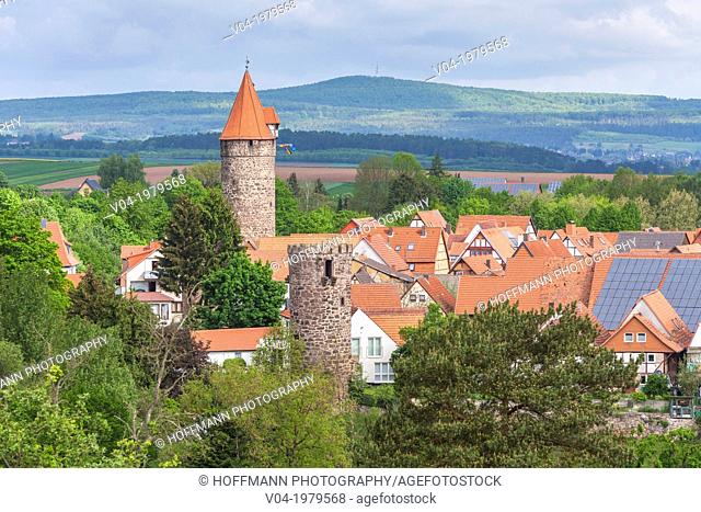 Overview of the picturesque village of Grebenstein with one of the historic tower of the town wall, Hesse, Germany, Europe