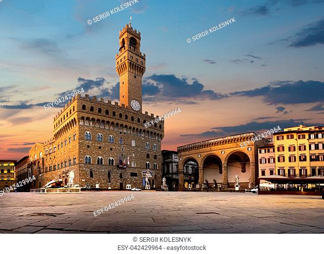 Square of Signoria in Florence at sunrise, Italy