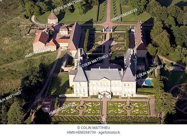 France, Saone-et-Loire, château de Dree and its formal gardens near the village of Curbigny restored in 1995 by current owner Ghislain Prouvost aerial view
