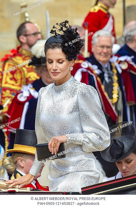 Queen Letizia leave the St. George's Chapel at Windsor Castle in Windsor, on June 17, 2019, King Willem-Alexander and King Felipe are installed by Her Majesty...