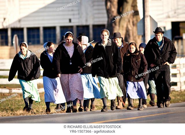 Amish women walk in a group in Gordonville, PA