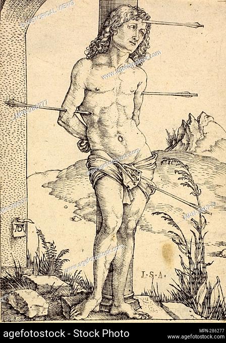 Author: Albrecht Drer. St. Sebastian at the Column - c. 1499 - Albrecht Drer German, 1471-1528. Engraving in black on ivory laid paper. 1494'1504