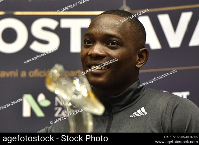 Grenadian javelin thrower Anderson Peters attend a press conference before a Golden Spike athletics IAAF World Challenge event held in Ostrava, Monday, May 30