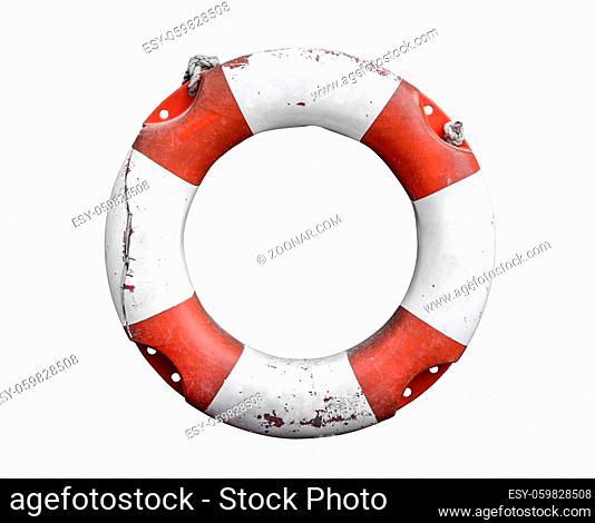 Isolated Grungy Lifebuoy Or Life Preserver With Rope On White Background