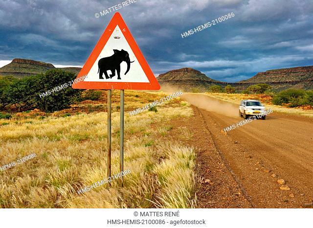 Namibia, Damaraland region, road to Palmwag and near the Grootberg mountain, road sign beware of elephants