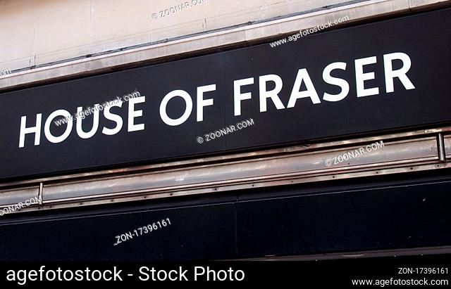 leeds, west yorkshire, united kingdom - 7 july 2021: sign above the entrance of the house of fraser department store in leeds city centre