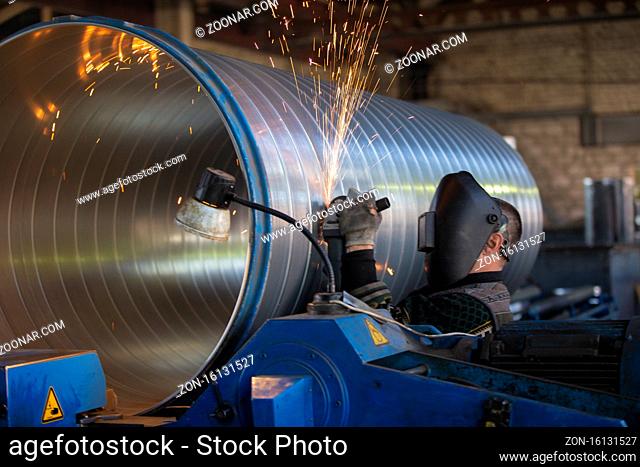 Belarus, the city of Gomel, April 30, 2019. Ventilation plant. Manufacturing of ventilation metal pipes. Metal welding. Metal industry