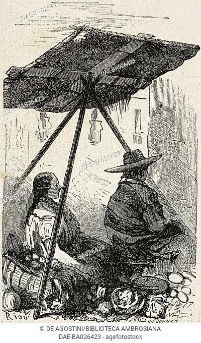 Merchant selling his wares under the shade of a parasol, drawing from Travel in Mexico by Ernest Vigneaux, from Il Giro del mondo (World Tour)