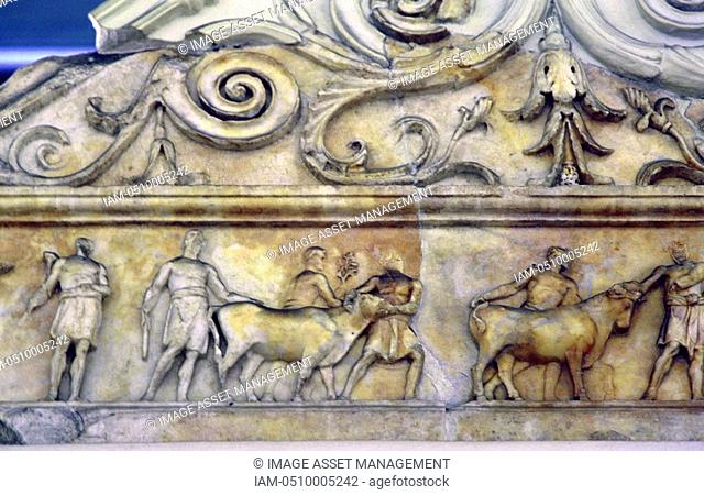 Ara Pacis Altar of Augustan Peace, Rome, consecrated in 9 BC. Cattle being led to sacrifice. Religion Ancient Roman