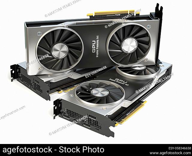 Graphics cards. Modern gaming GPU graphics processing units isolated on white. 3d illustration