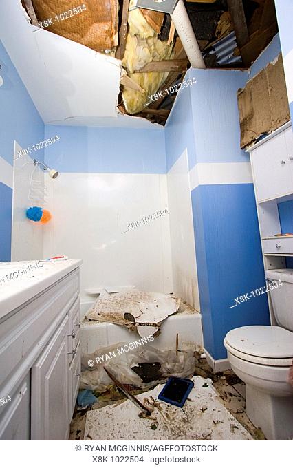 The destroyed bathroom in the home of Rob and Laurel Marlatt, 1004 South Highway 14, south of Aurora, Nebraska   Aurora was struck by an EF-2 tornado on May 29...