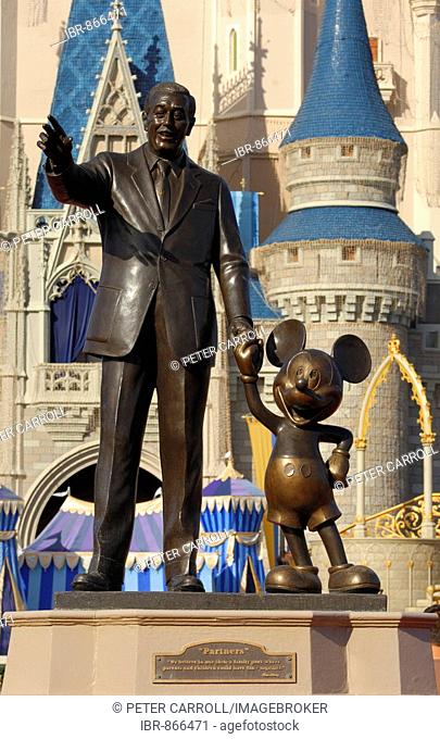 Walt Disney and Mickey Mouse statue at Walt Disney World's Magic Kingdom, Florida, USA