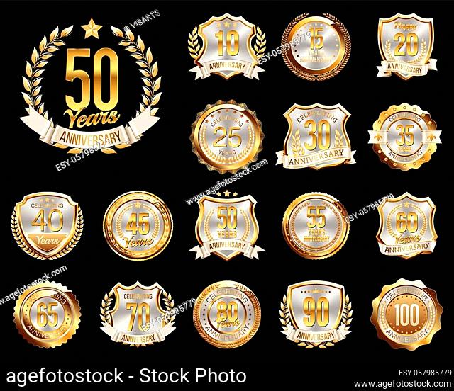 Set of Golden Anniversary Badges. Set of Golden Anniversary Signs