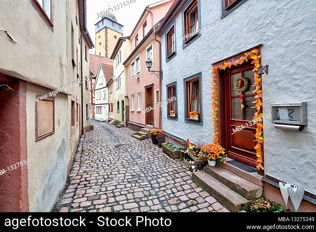 Muschelgasse, Fischerviertel, cobblestone pavement, house view, Bayersturm, old town, Lohr am Main, Main Spessart, Lower Franconia, Bavaria, Germany, Europe