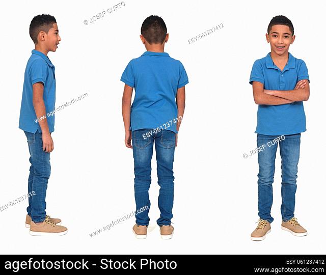 front, back and side view of same boy on white background