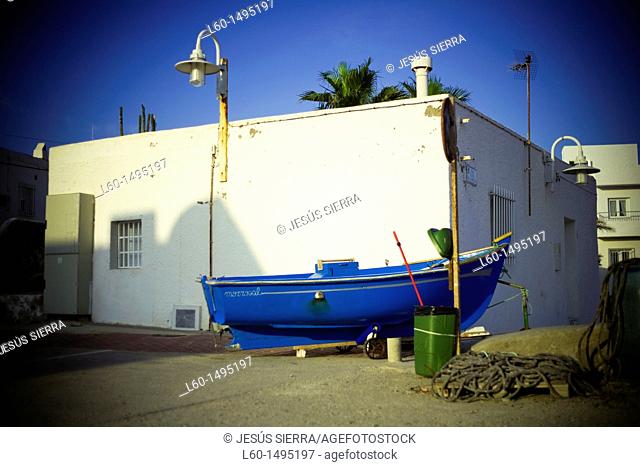 Boat in street, Isleta del Moro, Cabo de Gata, Almeria