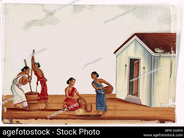 Four female laborers washing in front of white building. Indian coloured drawings: a collection of 177 original paintings on ""talc, "" etc