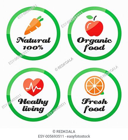Organic food, fresh and natural products icons on green buttons