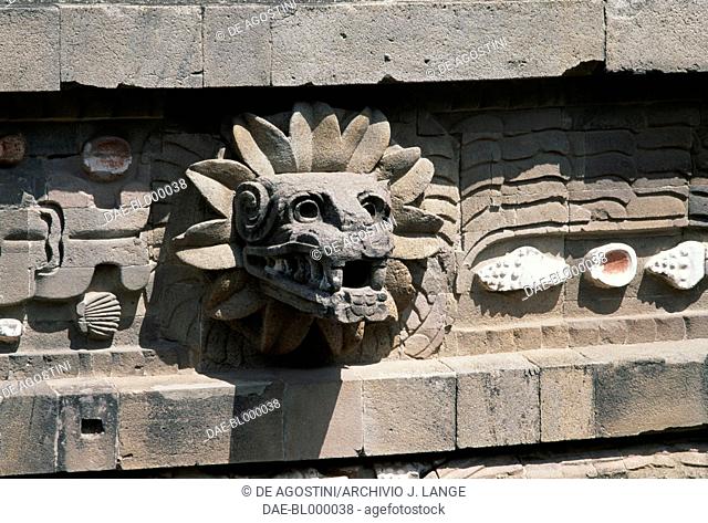 Feathered serpent, relief on the facade of the Temple of Quetzalcoatl, Teotihuacan (Unesco World Heritage List, 1987), Anahuac, Mexico