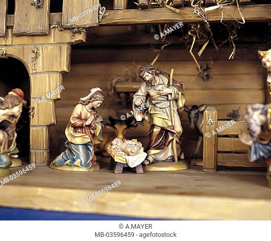 Christmas manger, detail, Germany, Oberammergau, Christmas, manger, custom hood, religion, Holy family, Jesus child, manger figures, wood figures, figures, wood