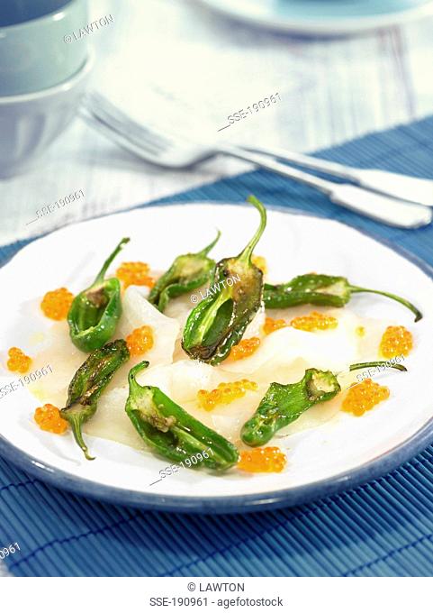 Grilled Padron peppers, smoked salt-cod carpaccio and trout roe