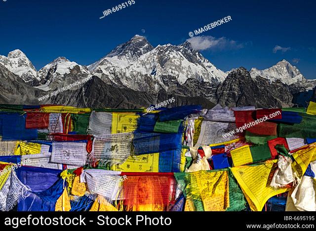 View from Renjo La Pass 5417 m with Buddhist prayer flags to the east on Himalaya with Mount Everest, 8848 m, Nuptse, 7879 mn Lhotse, 8516 m and Makalu, 8485 m