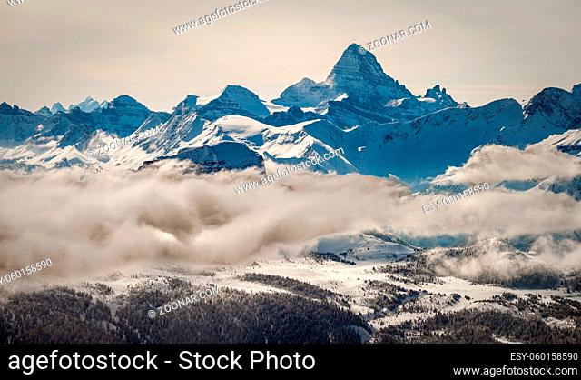 An aerial view of the Rocky Mountains of Canada and Mount Assiniboine in winter