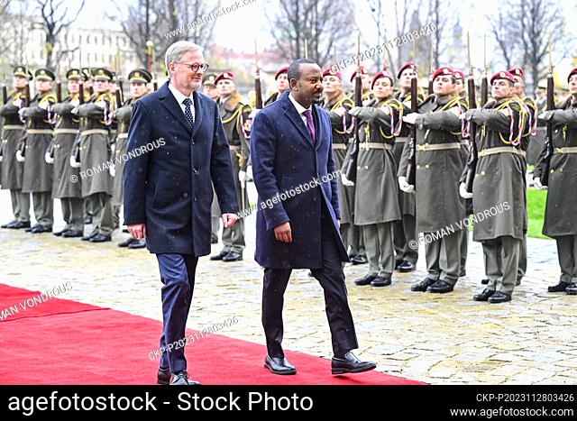 Prime Minister Petr Fiala (ODS), left, receives Prime Minister of Ethiopia Abiy Ahmed in Czech Government Office, Prague, Czech Republic, on November 28, 2023