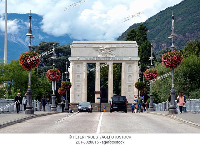 View from the Talfer bridge to the Victory Monument on the Victory Square in Bolzano - Italy