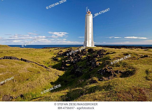 Coastal landscape with the lighthouse of Malarrif, Snæfellsjökull National Park, Snæfellsnes Peninsula, West Iceland, Vesturland, Iceland