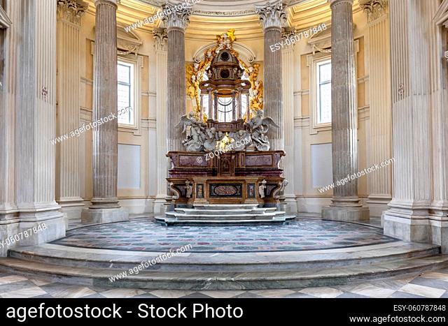 VENARIA REALE, ITALY - CIRCA MAY 2021: sacred catholic altar in Baroque style and cupola. Day light