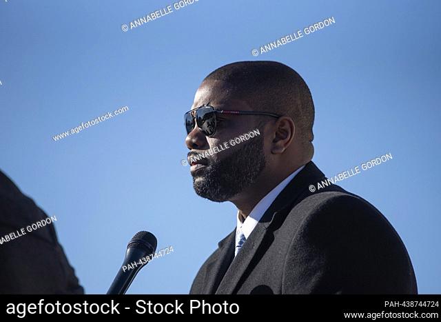 United States Representative Byron Donalds (Republican of Florida) speaks to press on the House Steps after the House adjourns for the year in front of the...