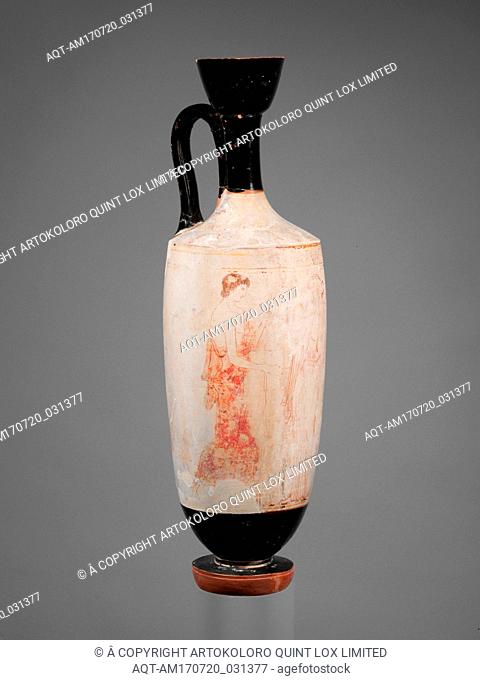 Terracotta lekythos (oil flask), Classical, ca. 420 B.C., Greek, Attic, Terracotta; white-ground, H.: 14 1/16 in. (35.7 cm), Vases, Woman between two youths