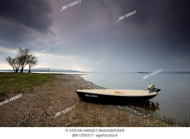 Fishing boat on Lake Constance in the and dismal weather, Reichenau island, Black Forest, Baden-Wuerttemberg, Germany, Europe