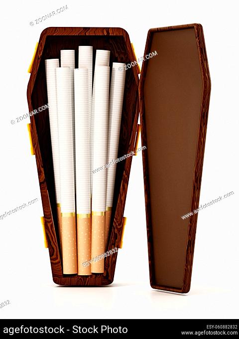Cigarettes inside half open coffin isolated on white background. 3D illustration