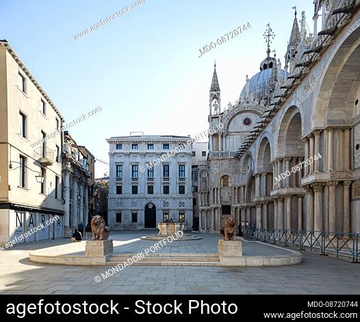 Palazzo Patriarcale and the Piazzetta dei Leoncini. On the left you can see the church of San Basso. Venice (Italy), June 1st, 2021