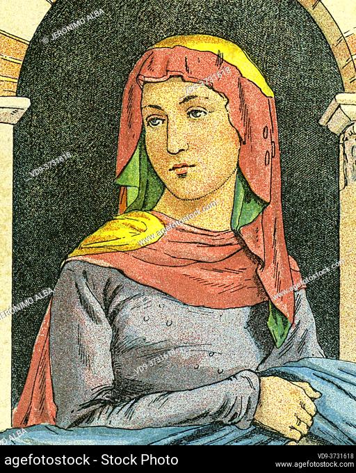 Old color lithography portrait of Radegund (520-587) Thuringian princess and Frankish queen, who founded the Abbey of the Holy Cross at Poitiers