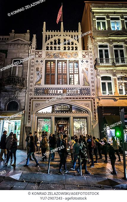 Frontage of Lello Bookshop (Livraria Lello) - famous book store in Porto city on Iberian Peninsula, second largest city in Portugal