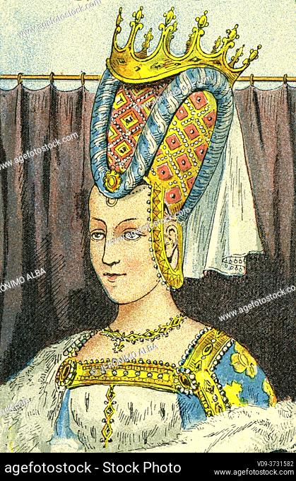 Old color lithography portrait of Isabeau of Bavaria. Elizabeth of Bavaria-Ingolstadt (1370-1435) Queen of France between 1385 and 1422
