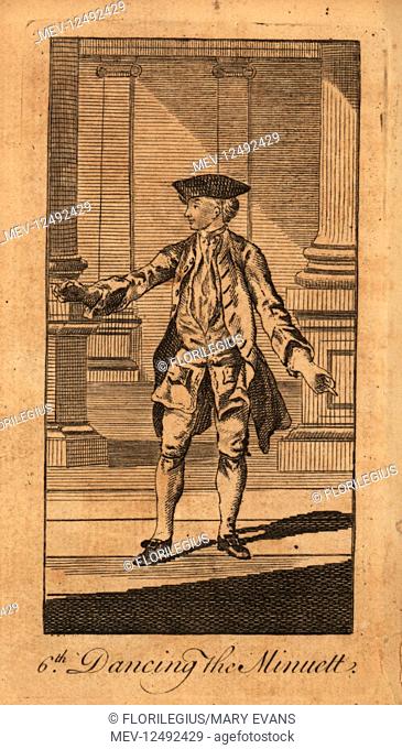 Young gentleman dancing the minuet in a ballroom with columns, 18th century. Copperplate engraving from The Polite Academy