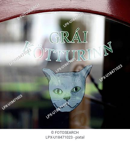 Signage painted on window with illustrations of a grey cat