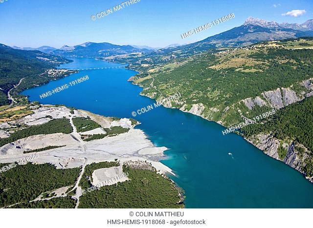 France, Hautes Alpes, Lac de Serre Poncon, Crots, Savines le lac, torrent Boscodon, head of a 2, 824 meter Hivernet (aerial view)