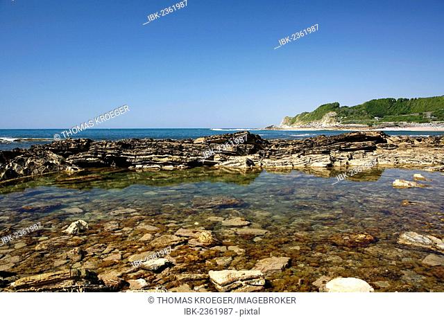 Atlantic Coast, rock formation, rocky coast near Saint-Jean-de-Luz, in Basque: Donibane Lohizune, Aquitaine region, Pyrénées-Atlantiques department, France