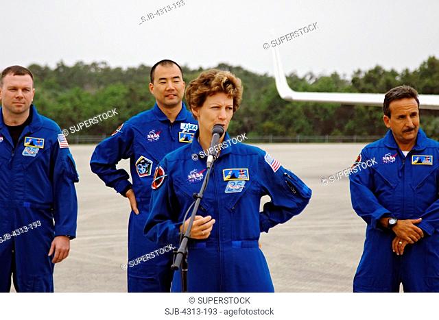 Commander Eileen Collins, the first woman to command a space mission here commanding her second flight and fourth overall