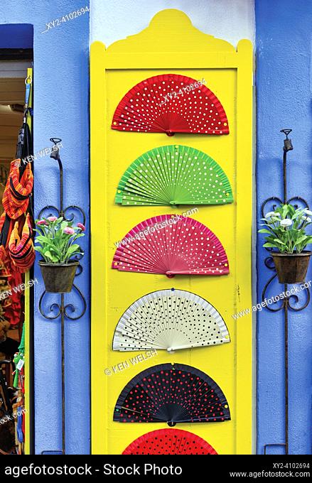 Fans for sale. Cordoba, Cordoba Province, Andalusia, southern Spain. The historic centre of Cordoba is a UNESCO World Heritage Site