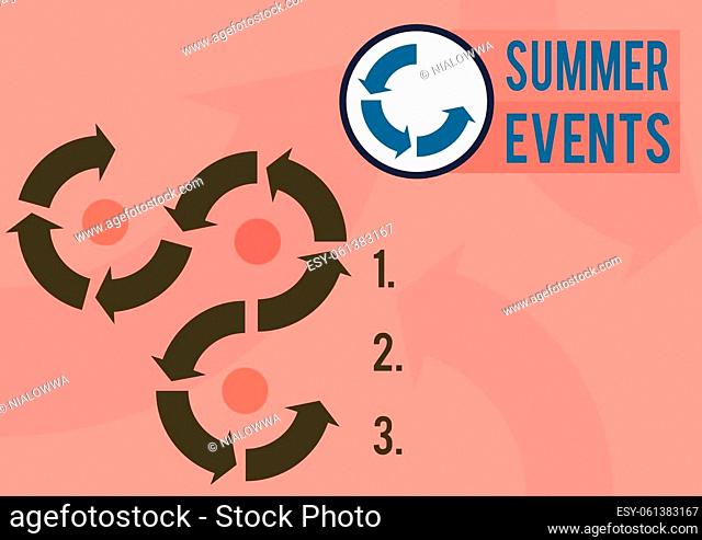 Text sign showing Summer Events, Internet Concept Celebration Events that takes place during summertime Arrow sign symbolizing successfully accomplishing...
