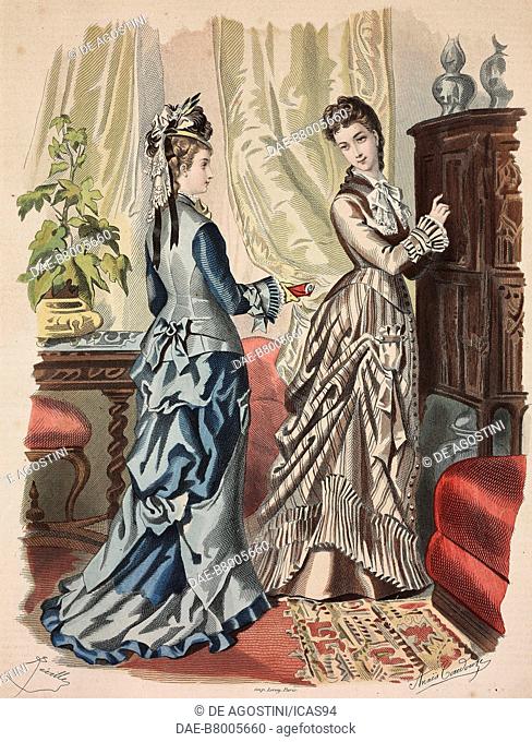 Women wearing afternoon dresses, Madame Breant-Castel designs, hat by Madame Aubert, coloured engraving from La Mode Illustree, No 22, May 28, 1876