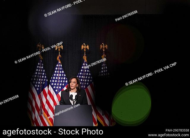 United States Vice President Kamala Harris addresses the crowd during the South Carolina Democratic Party Blue Palmetto Dinner in Columbia
