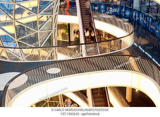 Interior and escalator of MyZeil shopping mall by Massimiliano Fuksas in Frankfurt am Main, Germany, Europe