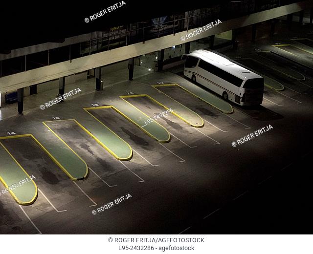 Inactive bus station by night, aerial view, Valencia, Spain